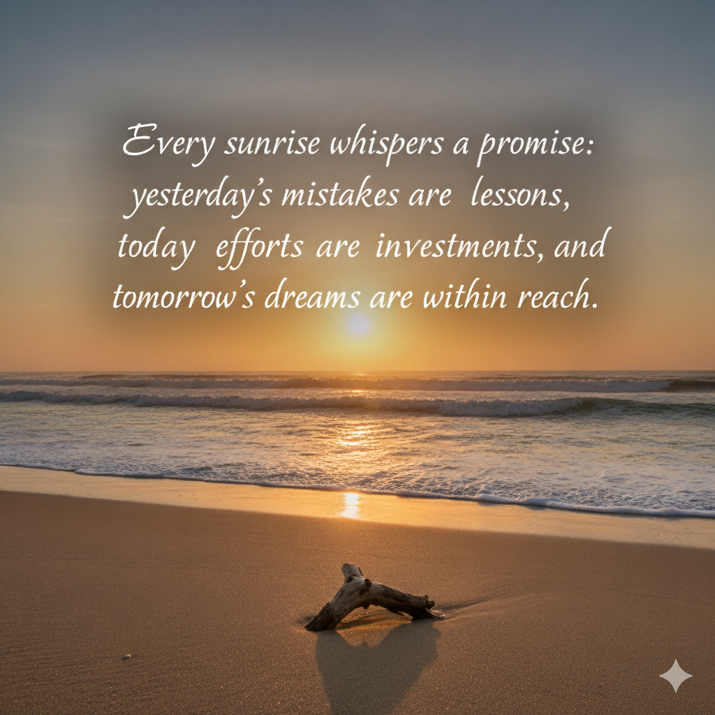 Every sunrise whispers a promise: yesterday's mistakes are lessons, today's efforts are investments, and tomorrow's dreams are within reach.