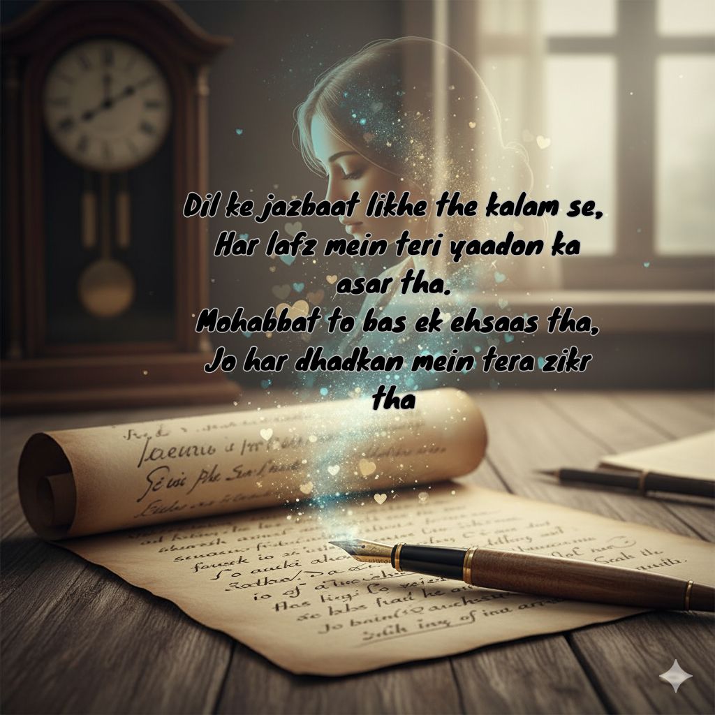 Dil ke jazbaat likhe the kalam se, Har lafz mein teri yaadon ka asar tha. Mohabbat to bas ek ehsaas tha, Jo har dhadkan mein tera zikr tha.