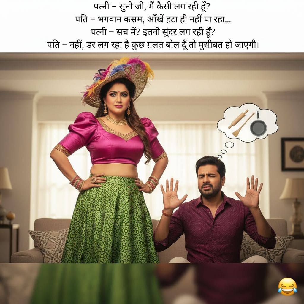 पत्नी – सुनो जी, मैं कैसी लग रही हूँ? पति – भगवान कसम, आँखें हटा ही नहीं पा रहा… पत्नी – सच में? इतनी सुंदर लग रही हूँ? पति – नहीं, डर लग रहा है कुछ ग़लत बोल दूँ तो मुसीबत हो जाएगी।