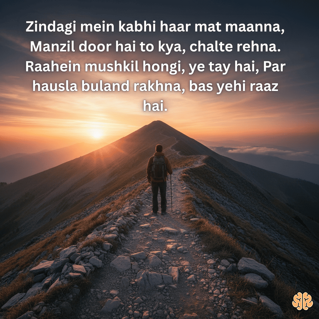 Zindagi mein kabhi haar mat maanna, Manzil door hai to kya, chalte rehna. Raahein mushkil hongi, ye tay hai, Par hausla buland rakhna, bas yehi raaz hai.