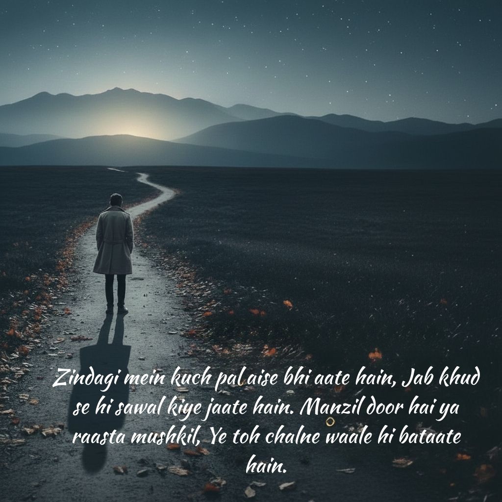 Zindagi mein kuch pal aise bhi aate hain, Jab khud se hi sawal kiye jaate hain. Manzil door hai ya raasta mushkil, Ye toh chalne waale hi bataate hain.