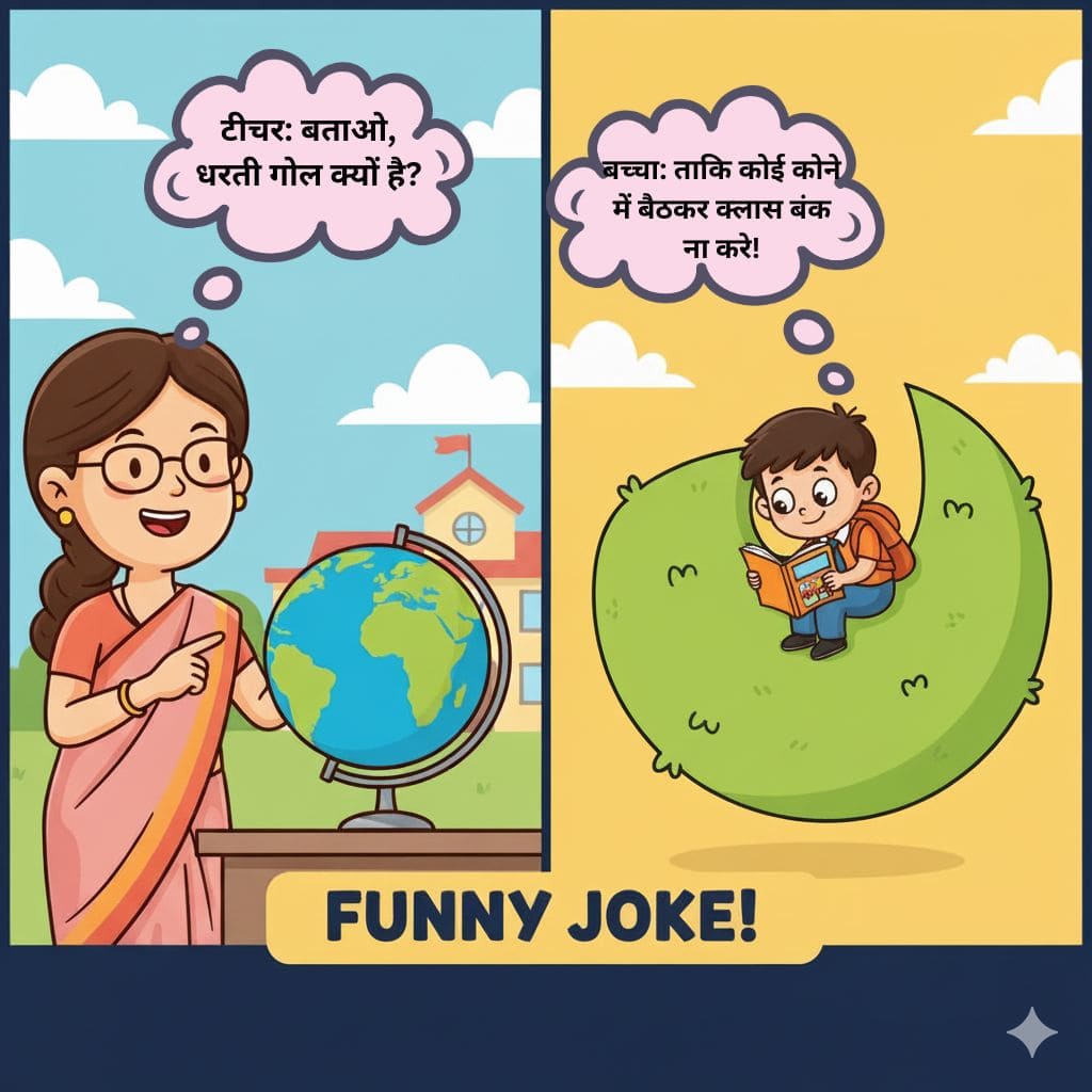 टीचर: बताओ, धरती गोल क्यों है? बच्चा: ताकि कोई कोने में बैठकर क्लास बंक ना करे!