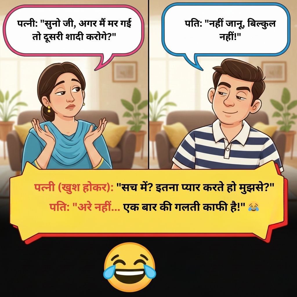 पत्नी: "सुनो जी, अगर मैं मर गई तो दूसरी शादी करोगे?" पति: "नहीं जानू, बिल्कुल नहीं!" पत्नी (खुश होकर): "सच में? इतना प्यार करते हो मुझसे?" पति: "अरे नहीं... एक बार की गलती काफी है!" 😂