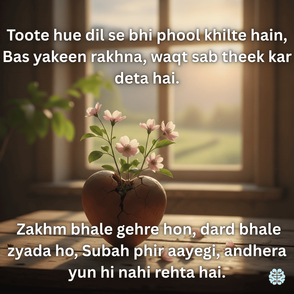 Toote hue dil se bhi phool khilte hain, Bas yakeen rakhna, waqt sab theek kar deta hai. Zakhm bhale gehre hon, dard bhale zyada ho, Subah phir aayegi, andhera yun hi nahi rehta hai.