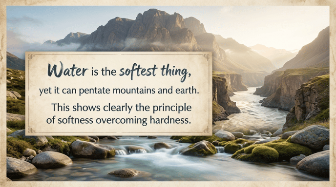 Water is the softest thing, yet it can penetrate mountains and earth. This shows clearly the principle of softness overcoming hardness.